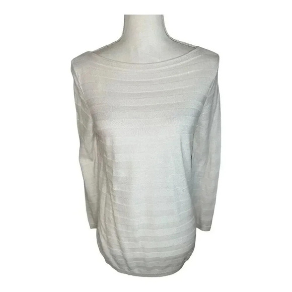 LOFT Women’s Medium White‎ Semi-Sheer Striped Boatneck Sweater - Picture 1 of 8
